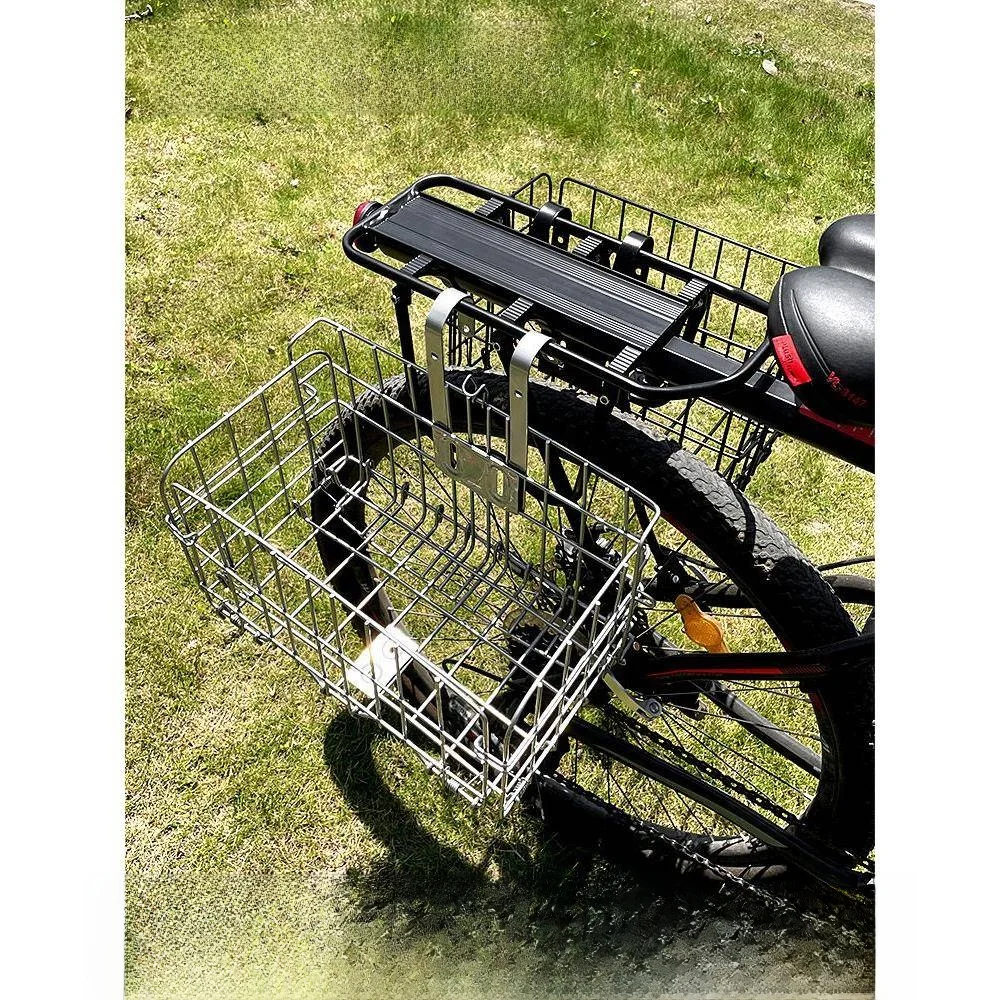 折りたたみ式金属製自転車バスケット-フロントとリアのマウンテンバイクバスケット-シングルバイクバスケット-カーゴホルダー-大型サイズ-バックル固定付き