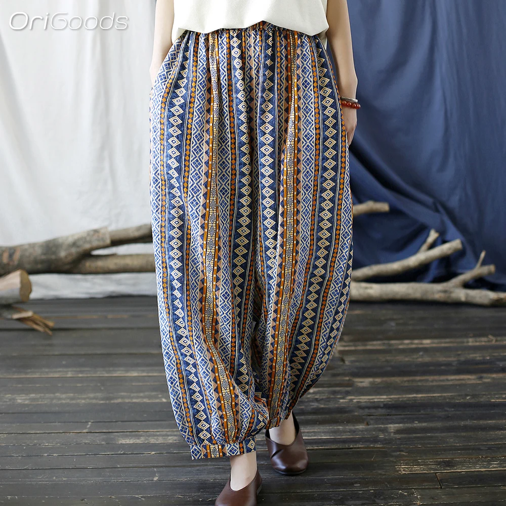 OriGoods Geometric Print Cotton Thin Loose Summer Pants Women Elastic Waist Vintage Casual Pants Woman Trousers 2024 New X030