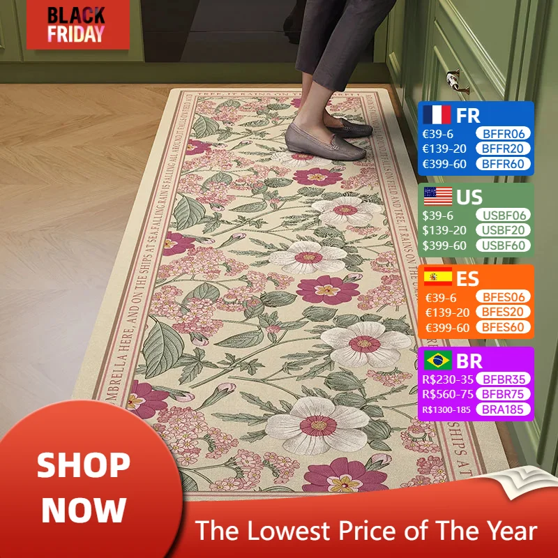 Kitchen Floor Mat Leather Pvc Carpet Waterproof Oil-proof Foot Mats Home Decoration Flower Floral Rug Кухонный Ковер 주방바닥매트