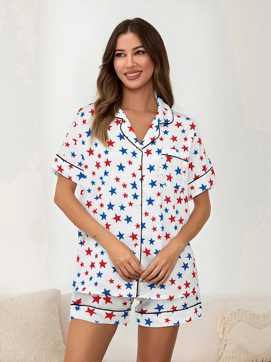 Conjunto de pijamas femininos do 4 de julho com estampa de botão e manga curta com shorts Conjunto de 2 peças para verão