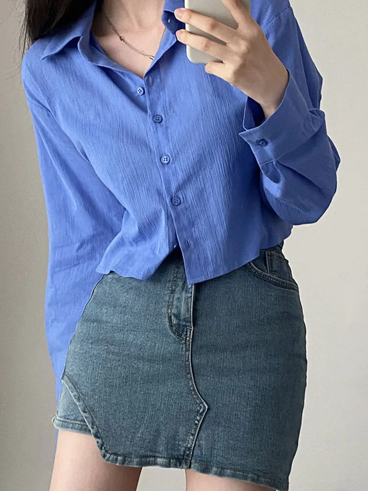 

Solid color lapel casual fashion summer women's casual shirt chiffon long sleeved sunscreen cardigan