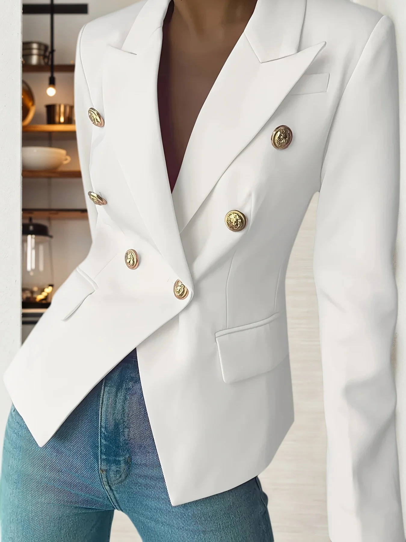 New Pure White Women's Elegant Double-Breasted Lapel Long-Sleeved Suit Jacket, High-Quality Classic Suit Jacket, Suitable for [Of/From - Context Needed for Best Choice]