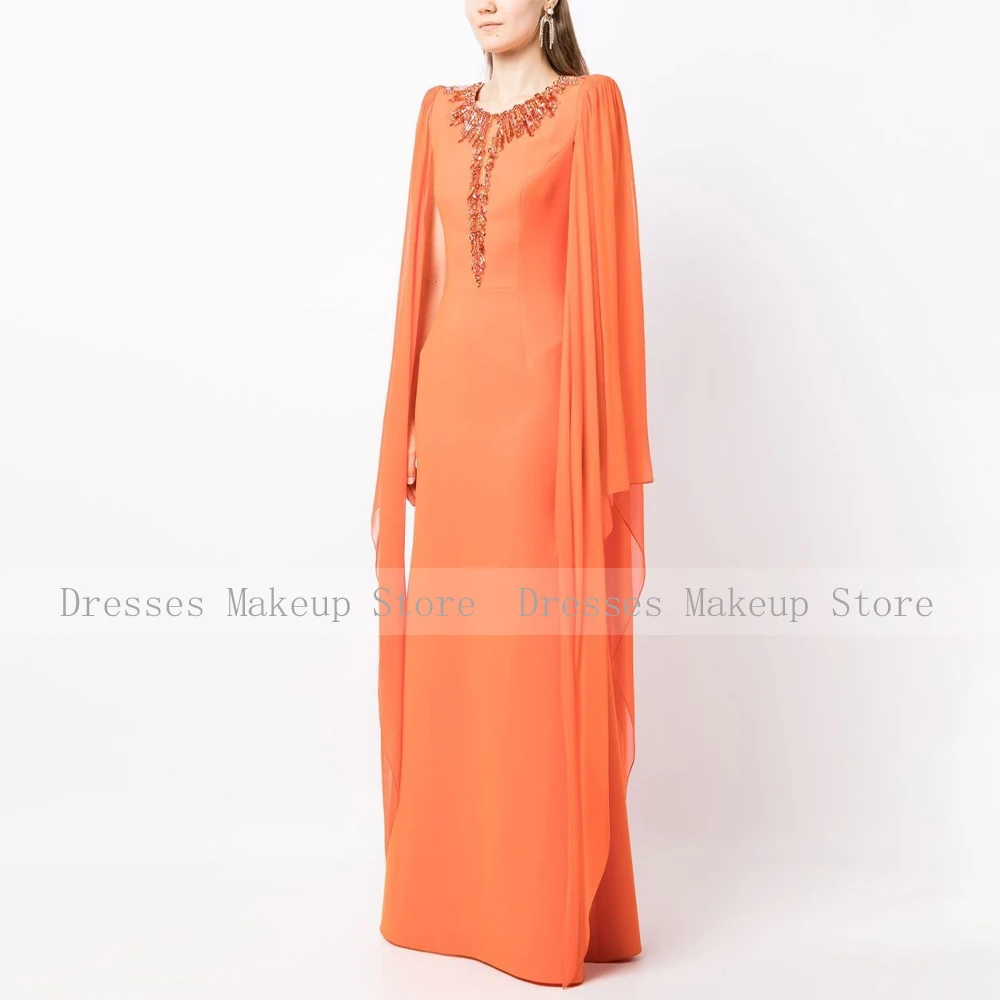 Orange Evening Dress for Women Cloak Sleeves Crystal O Neck Evening Gowns Long 2024 Trumpet/Mermaid Elegant Wedding Guest Dress