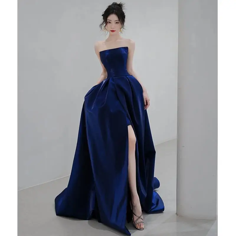 Blue tube top evening dress 2025 new French luxury hosting annual meeting Bel Canto solo art test dress dress
