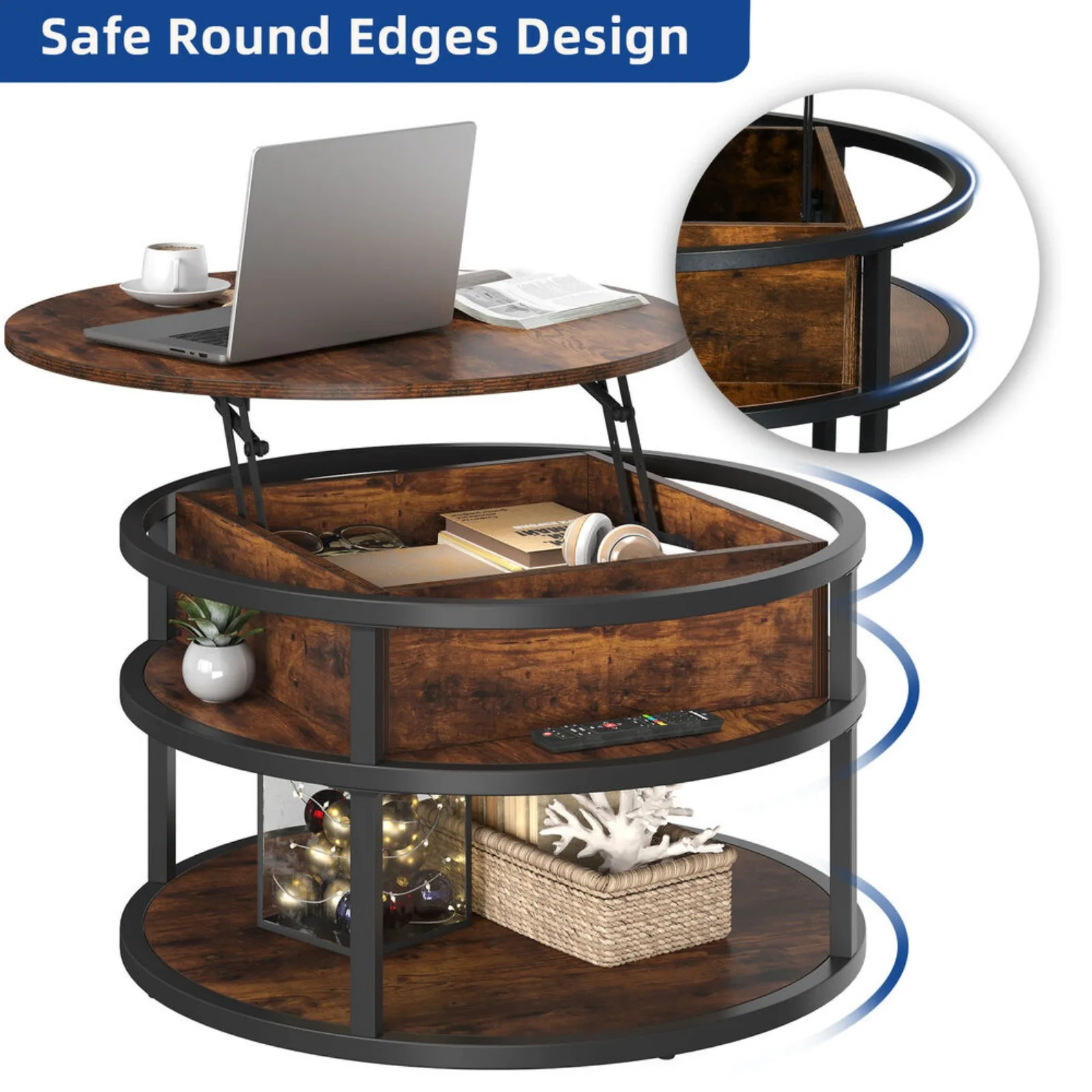 Round Lift Top Coffee Table with Storage and Hidden Compartment For Living Room United States