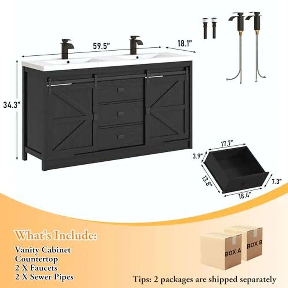 Double Bathroom Vanity with Sink & Faucet & Sewer Pipes 59