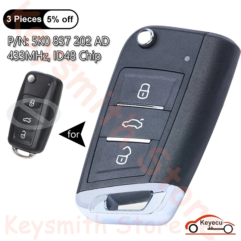 KEYECU 3 Btn 433MHz ID48 Chip for Volkswagen Beetle Passat Caddy Eos Polo Jetta Auto Upgraded Flip Remote Key Fob 5K0 837 202 AD