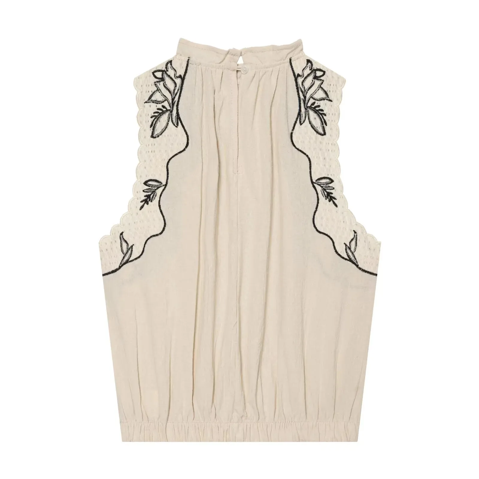 European and American 2026 new summer women's simple round neck sleeveless balloon version embroidered splicing top