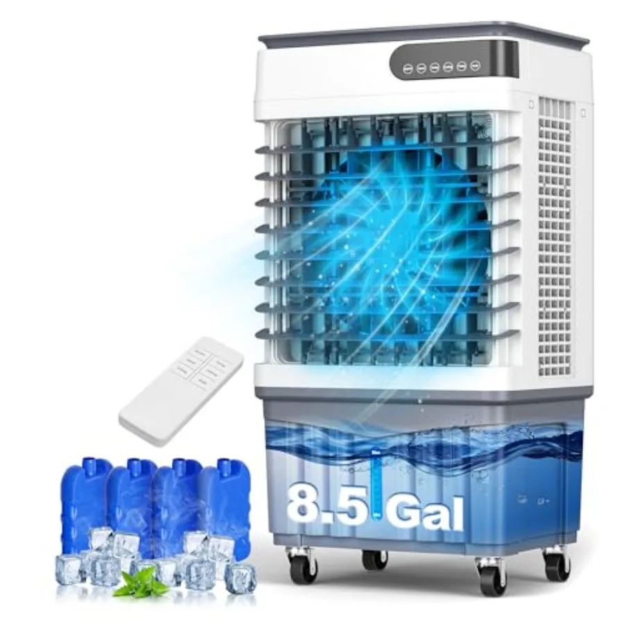 

Многофункциональный испарительный охладитель 4-в-1 с баком для воды 8,5 галлонов, 4 аккумулятора холода, пульт ДУ, таймер на 12 часов, 120° осцилляция, портативный вентилятор для охлаждения