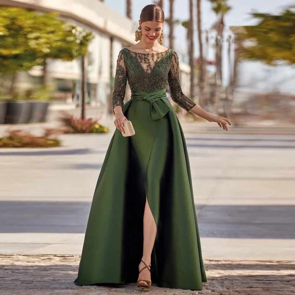 

Luxury Evening Dresses 2025 Satin Sheath/Column Celebrity Dress Blackish Green O-Neck Lace Split Pleat Mother of the Bride Dress