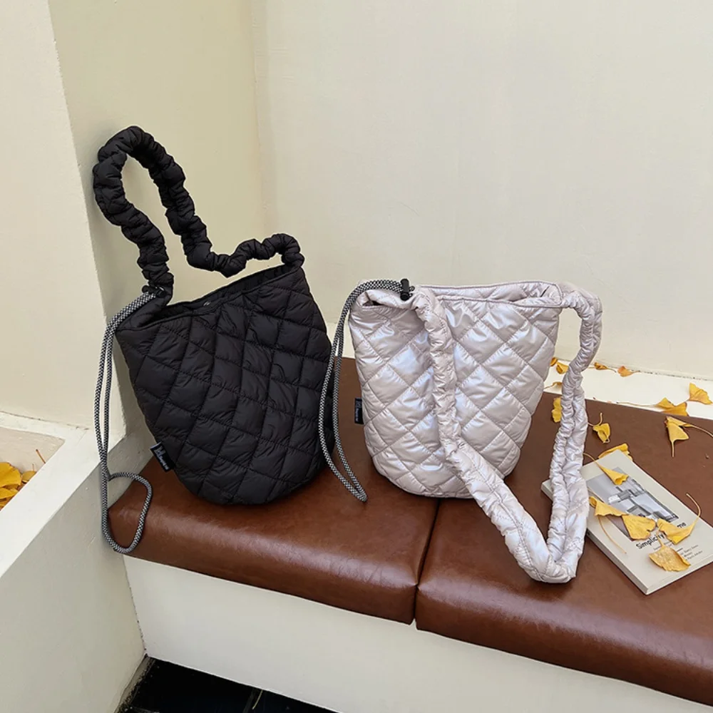 Women Fashion Casual Quilted Puffer Drawstring Shoulder Bag Large Capacity Ruched Handle Soft Cross-body Tote Bag