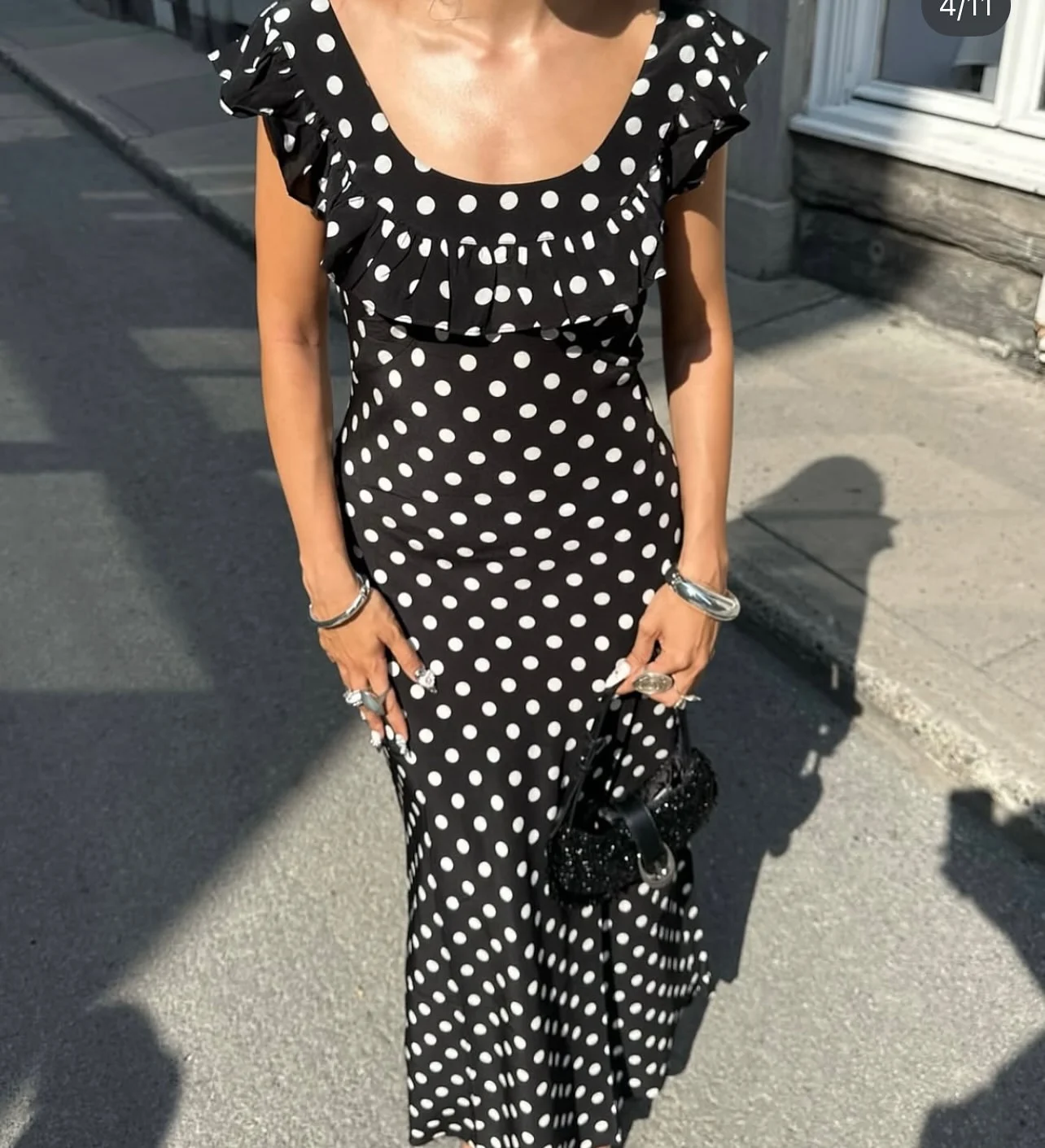 Vestido largo negro ajustado vintage sin mangas con cuello en U empalmado y volantes de seda 100% con estampado de puntos para mujer