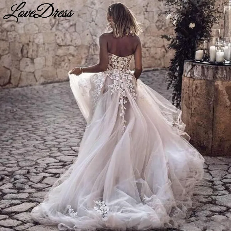 Lovedress-Querida A-Line Lace Apliques Vestido de Noiva, Backless Vestido De Noiva, Zipper Tulle Trem, Imagem Real