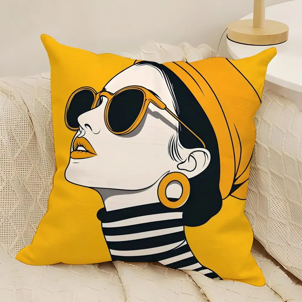 Vintage Retro Lady Portrait Throw Pillow Cover Red Polka Dot Stripe Print Square Peach Skin Cushion Cover No Insert for Sofa Cou
