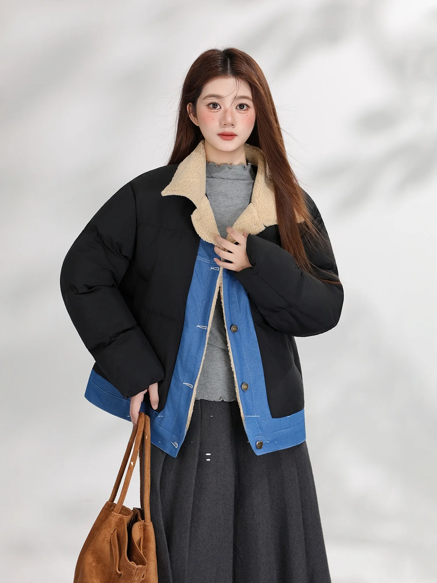 

Retro Collar Color Blo Denim Cotton Jaet Women's Winter New Loose Warm Cotton Coat Outerwear Casual Comfortable Sle