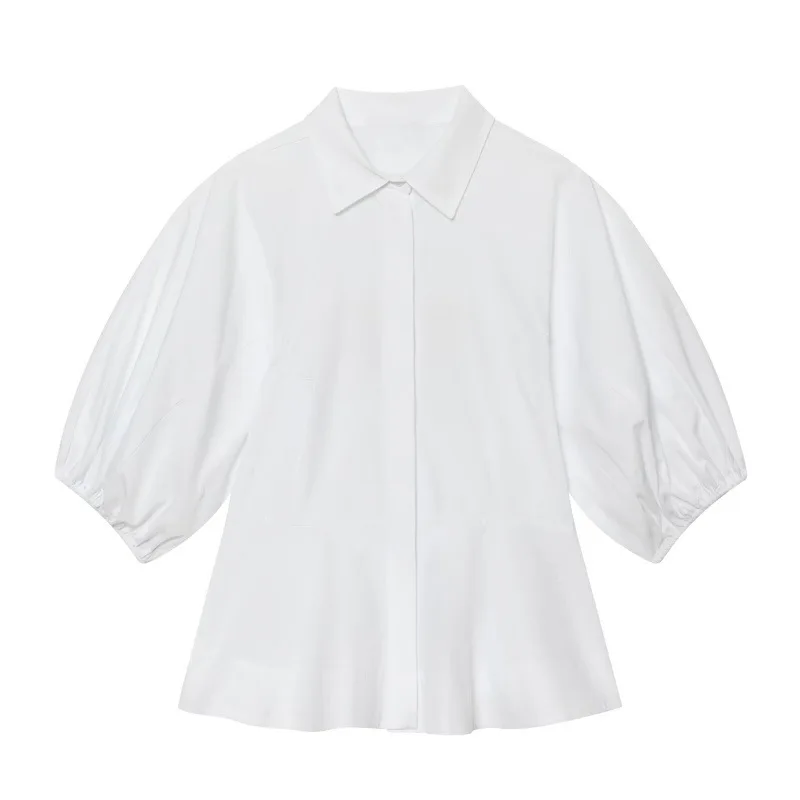 Withered Collar And Waist Cinching Skirt With Bubble Sleeves At The Hem, Women's Shirt Blouses Women's Clothes Shirts Tops