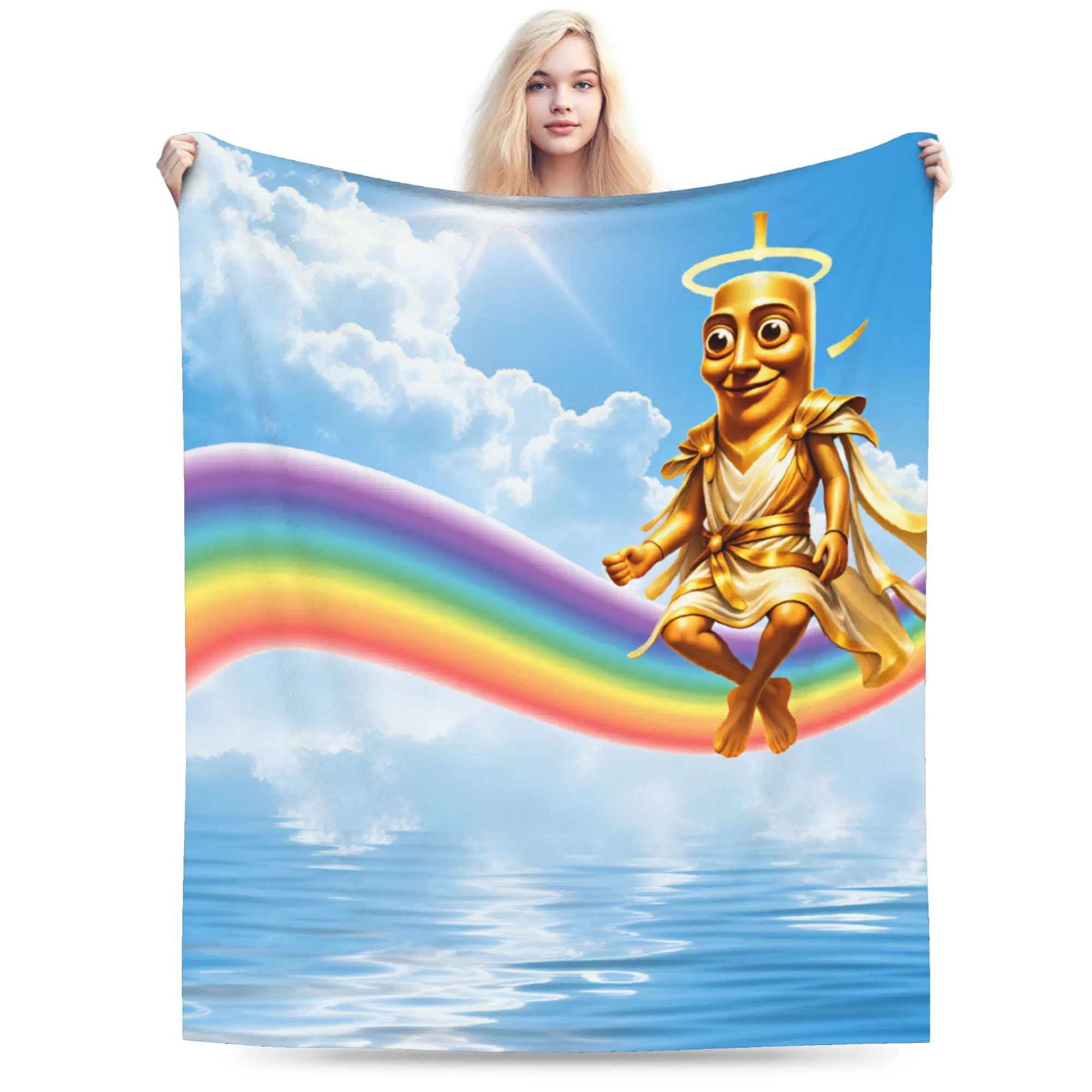 Tung Tung Sahur Angel Rainbow Heaven Meme Cozy Blanket  Print Picnic Throw Blanket Outdoor Flannel Bedspread Sofa Bed Cover