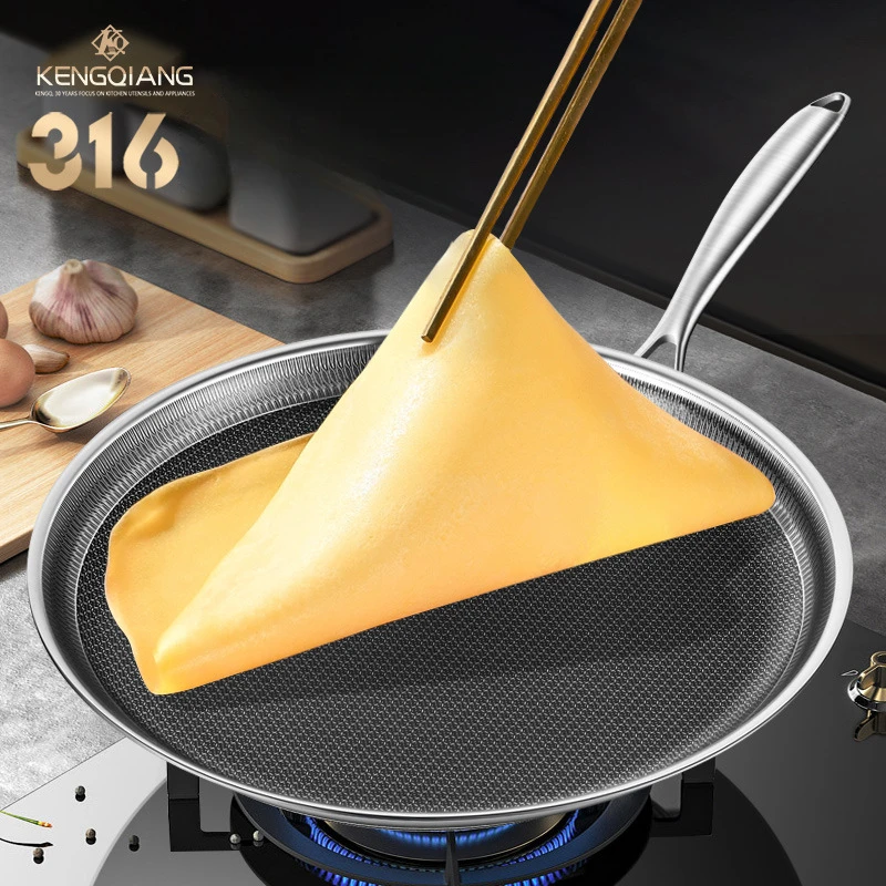 KENGQIANG 316 stainless steel thousand layer leather pot Flat bottomed non stick steak frying pan Cake skin pancake cookware