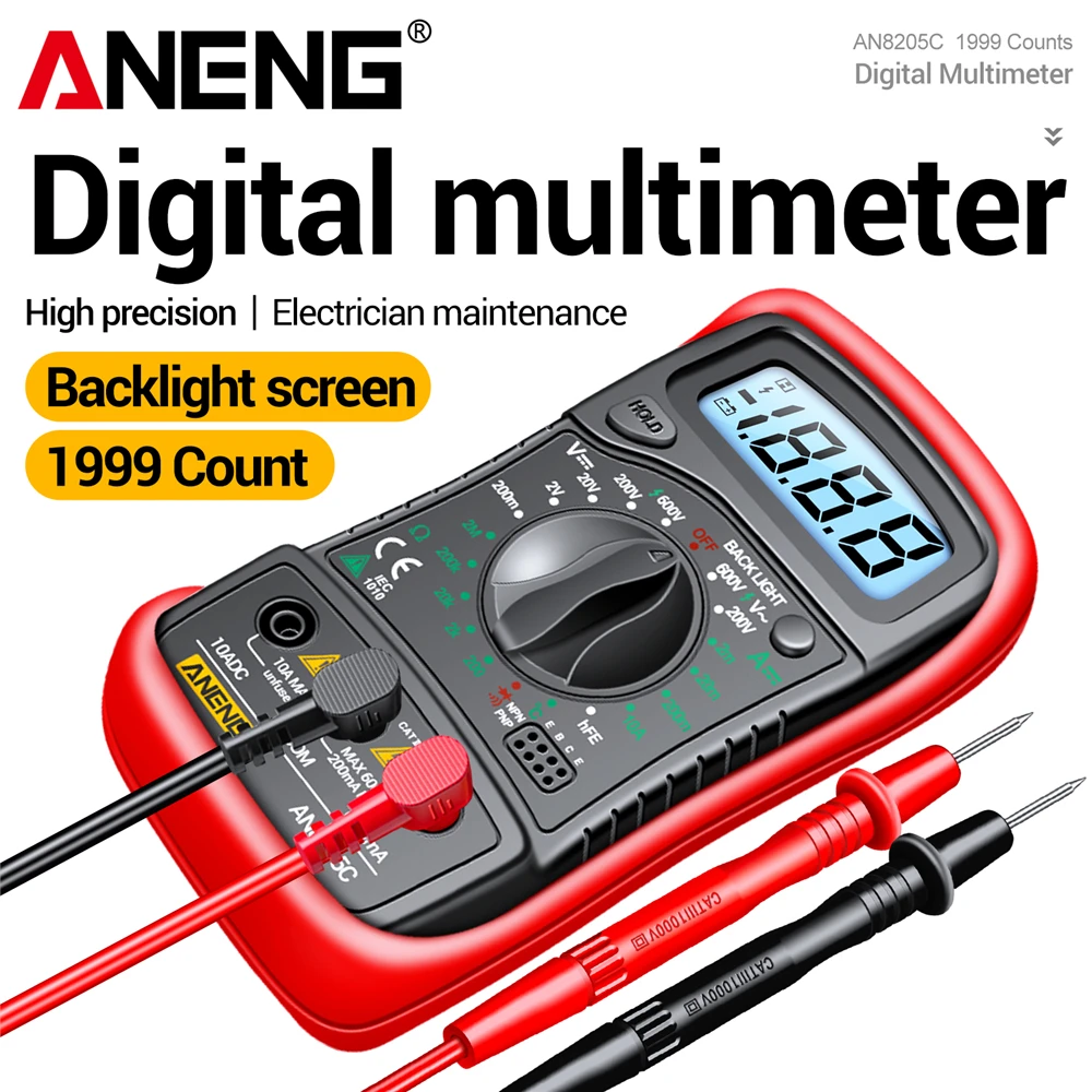 

ANENG AN8205C Multimeter Digital 1999 Count Ammeter Meter LCD Display Tester 600V AC/DC Voltage Temp hFE Triode Test Tool