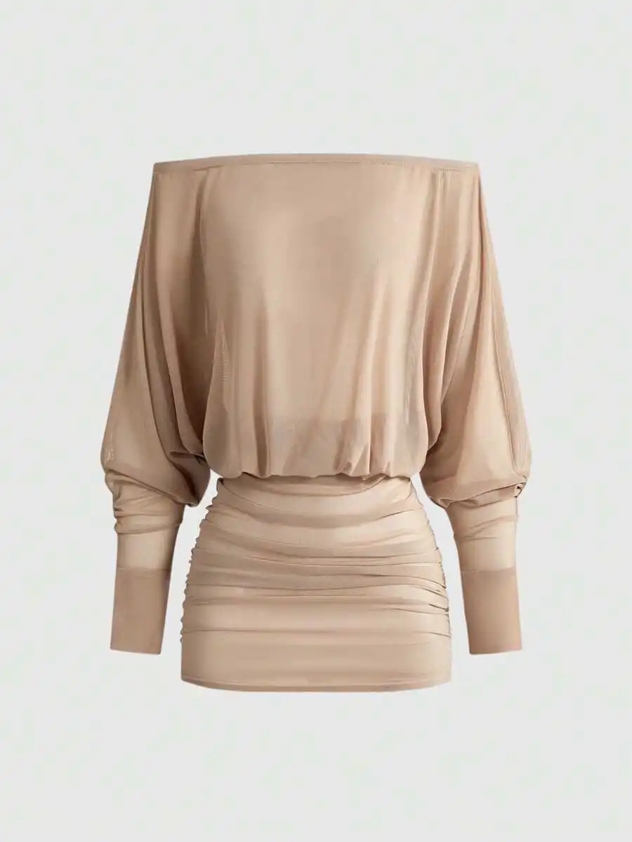 

Off Shoulder Sheer Draped Top With Ruched Waist For Women