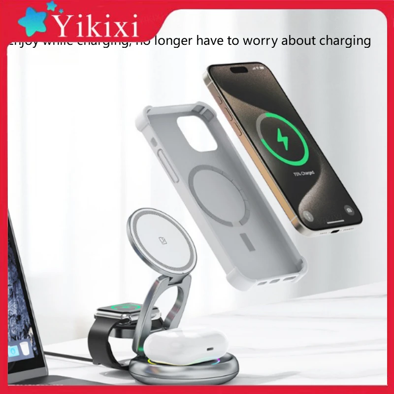 

Беспроводная зарядная станция 3 в 1, 15 Вт для телефона/смарт-часов/наушников с магнитом на 360 градусов ° Вращающаяся складная подставка для зарядки светодиодной подсветки