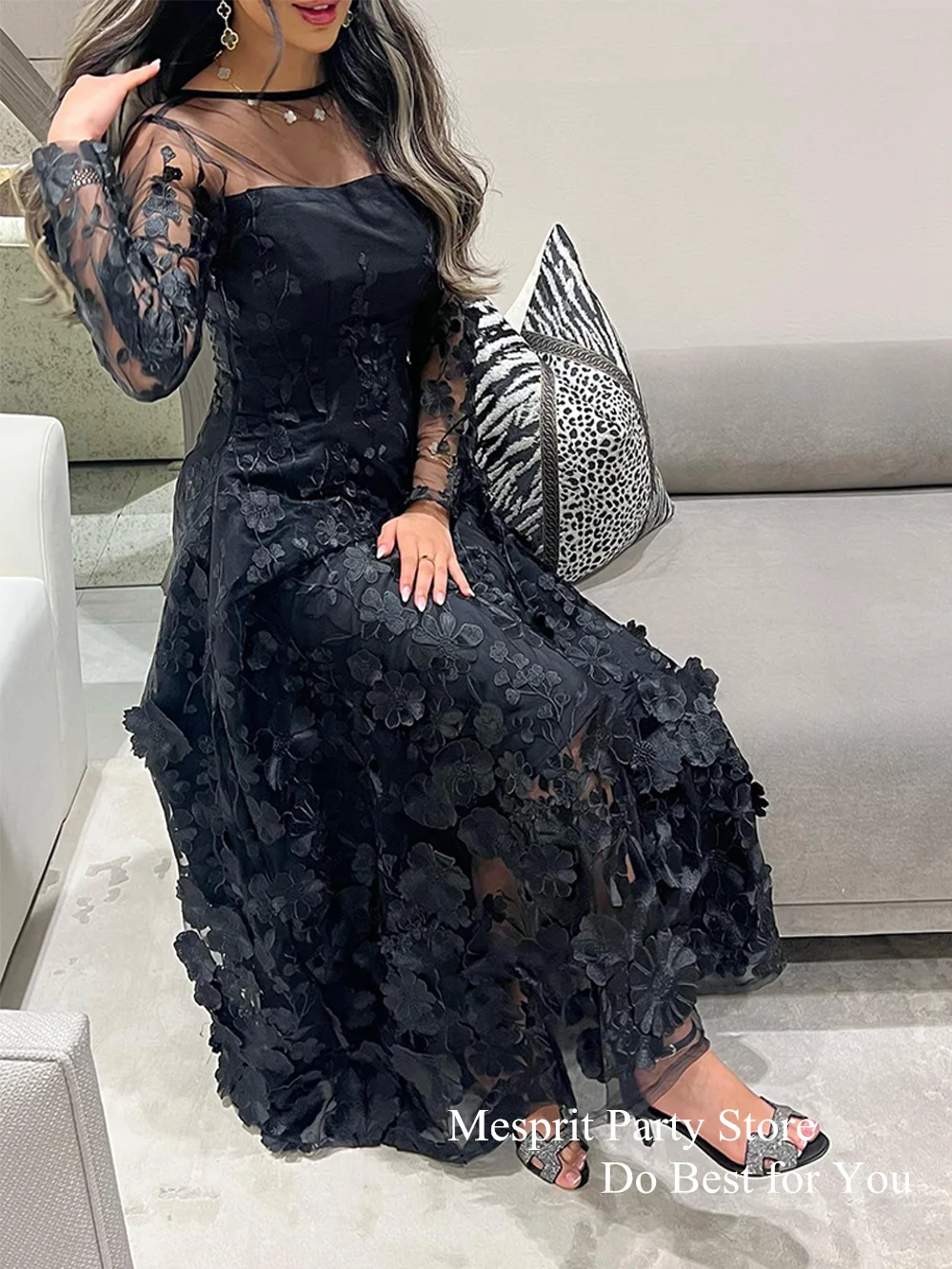 Popular Black Prom Dress Saudi Evening Dresses 2024 Scoop Neck Long Sleeves Flower Lace A Line Ankle Length Party Gown Weddings