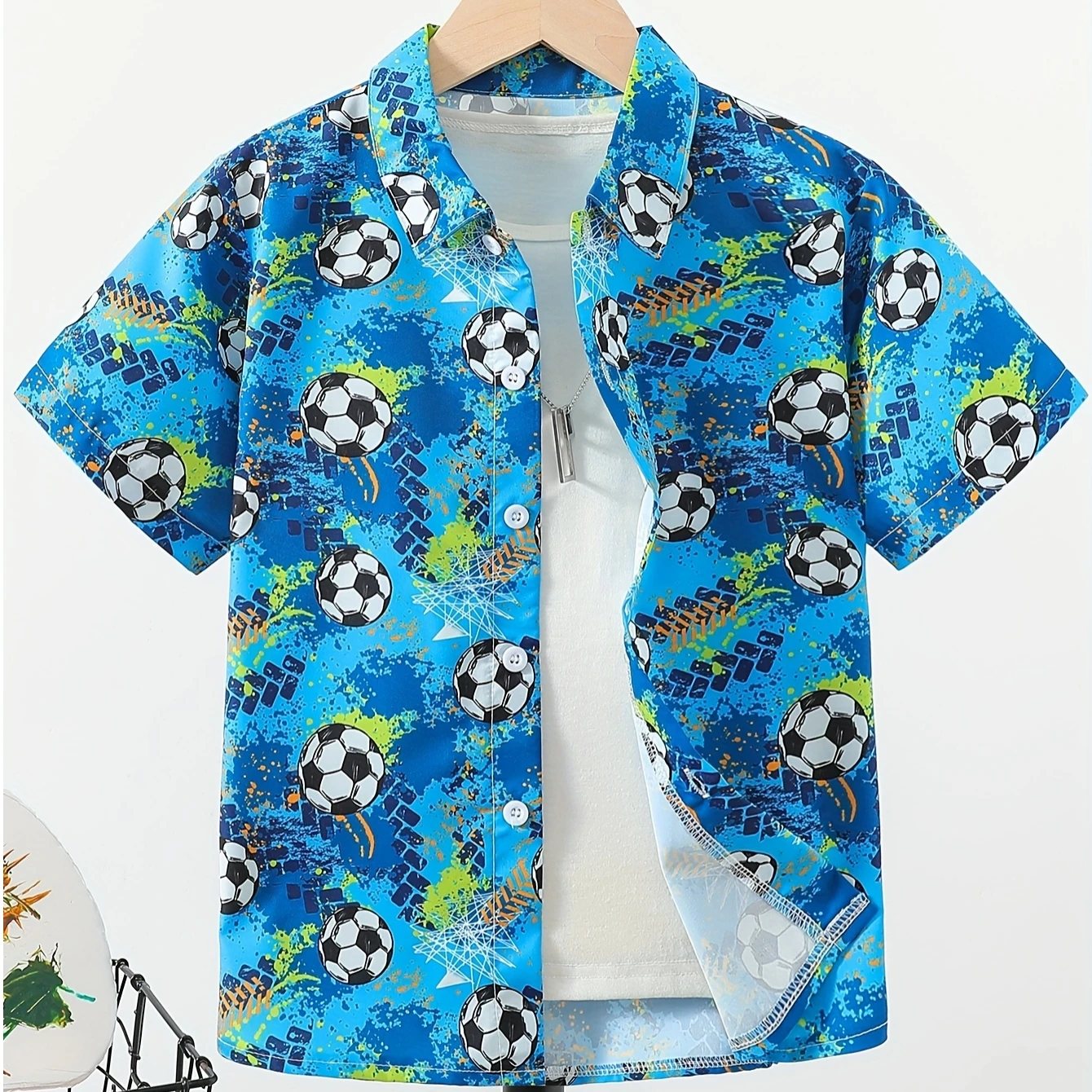 Boy's Soccer Pattern Hawaii Shirt Short Sleeve Casual Comfy Button up Loose Tops Breathable Blouses Summer Holiday Shirt for Boy