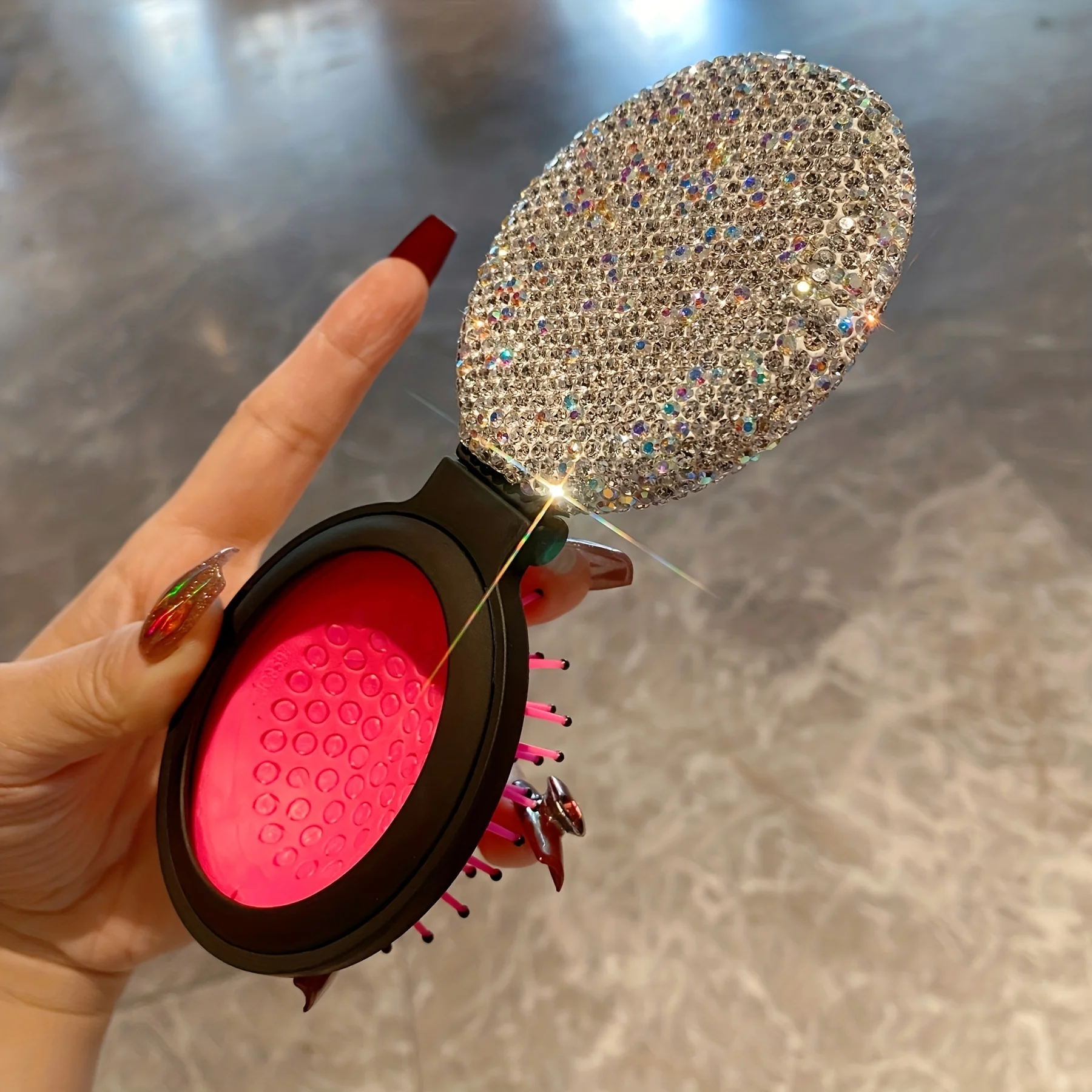 

Oval air cushion folding comb artificial diamond-set mini with mirror portable hair comb