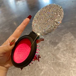 Oval air cushion folding comb artificial diamond-set mini with mirror portable hair comb