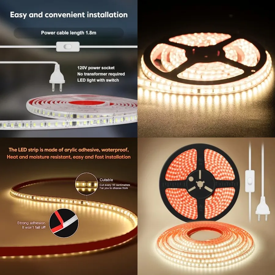 

LED Strip Light Waterproof LED Light Strip AC 110-130V 5 Meter LED Tape Light 16.4 Feet 120 LEDs/M Flexible Adhesive Strip Ligh