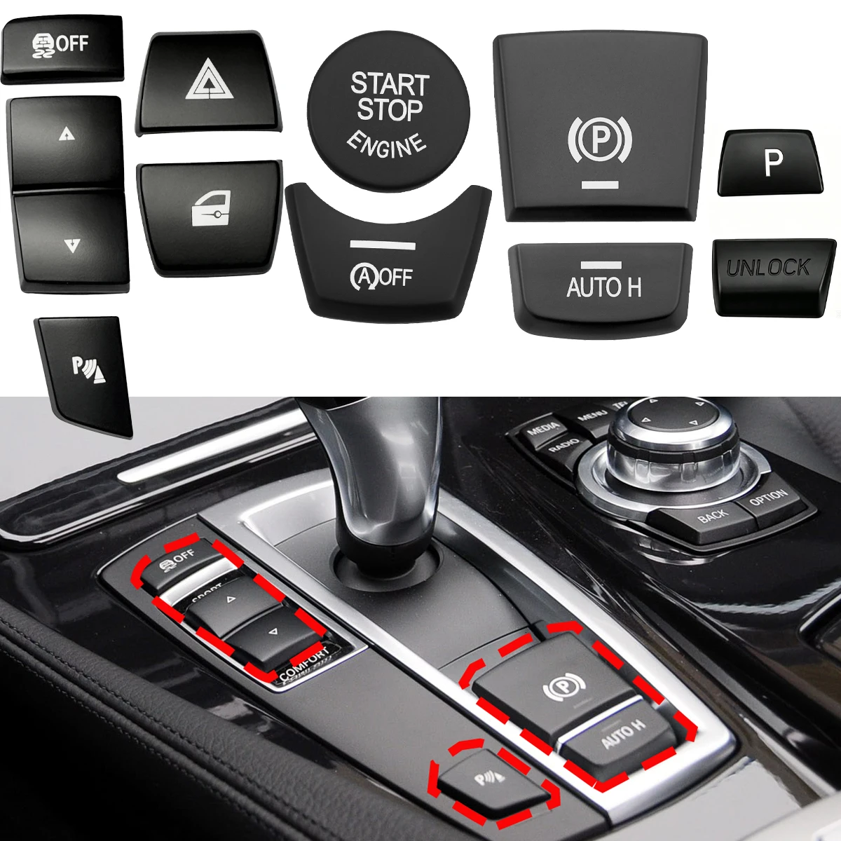 Auto Handbremshebel Schaltpanel Seitenschalter P-Taste Start-Abdeckung Zierleiste Aufkleber für BMW 5er 6er 7er Serie X3 X4 F10 F07 F15 F16 F25 F26
