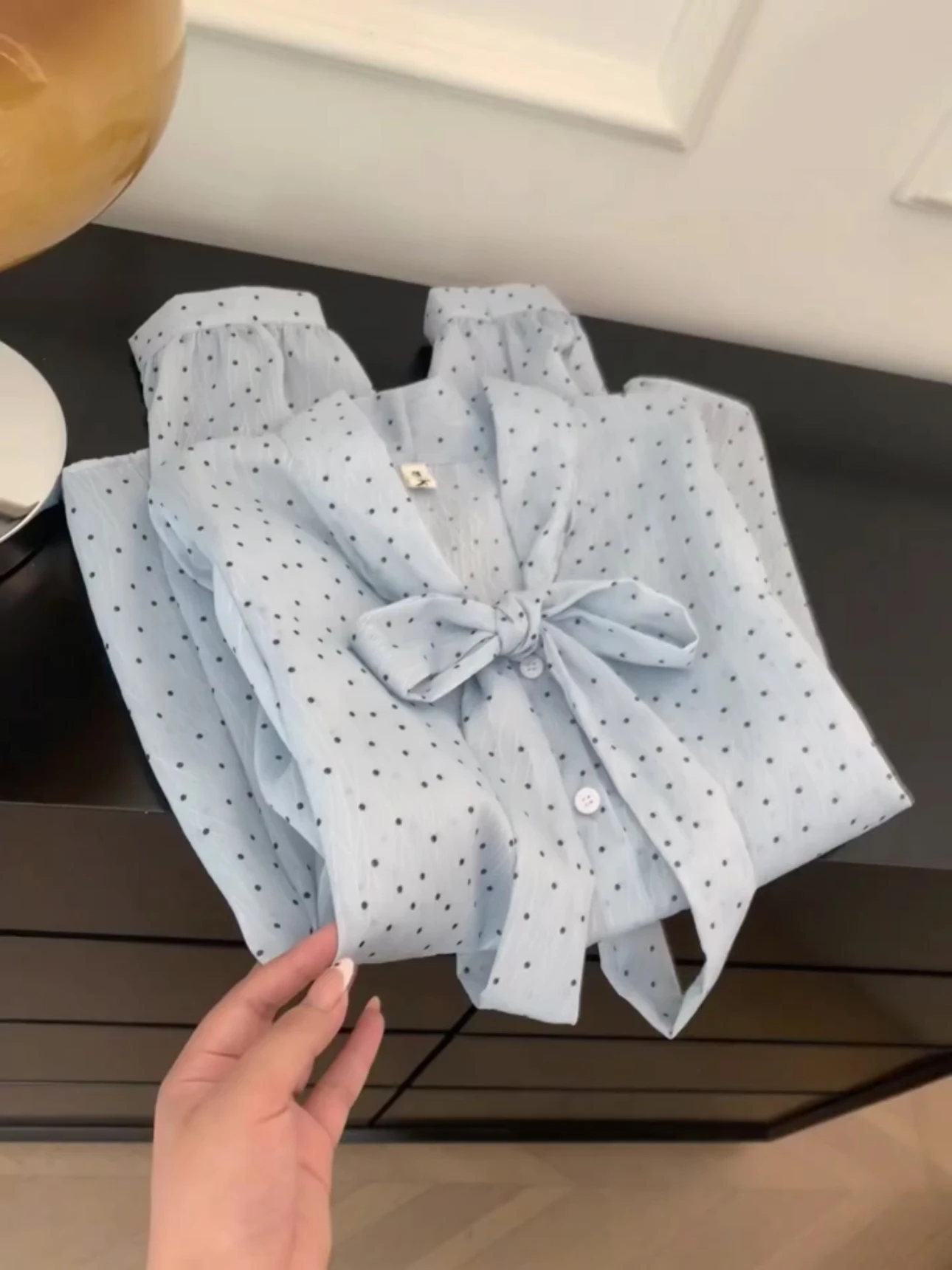 

Синий узел в горошек, защита от солнца, женский летний тонкий уникальный топ, Гуанчжоу, тринадцатый топ, высокое качество