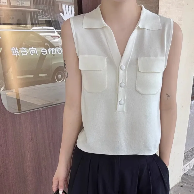 

Women Clothing V-neck Vintage Sleeveless Tanks Top Summer Loose Fashion Simple Turn-down Collar Camisole T-shirt