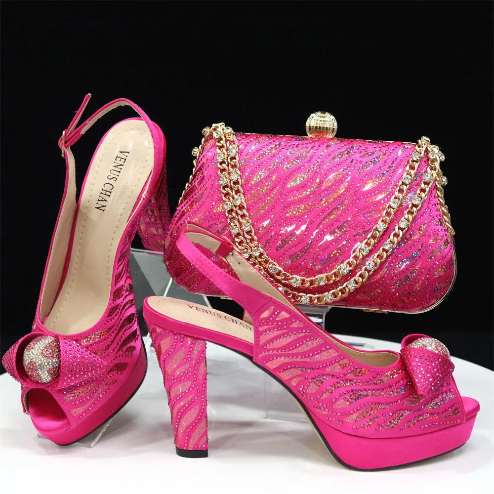 High Quality New Arrival Fuchsia Color Full of Rhinestones Design Party Women Shoes Matching Bag Set For Wedding Party