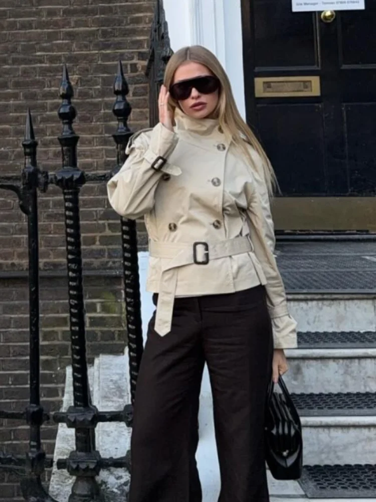 

Women Fashion Short Belt Jacket Turtleneck Double Breasted Full Sleeve Female Trench Coats 2025 Autumn Lady Commute Outwear