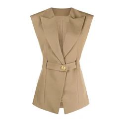 S-XL de alta calidad para mujer, de Color sólido cuello Polo, cinturón perforado, decoración de botones, ajuste Delgado, buen partido con chaleco