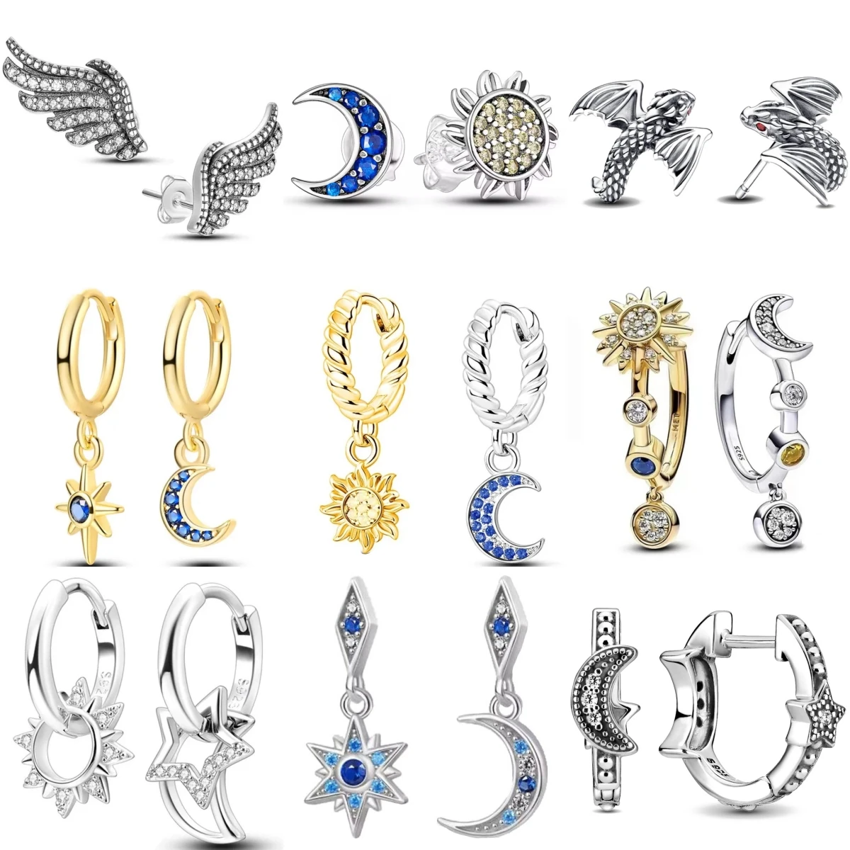 

925 Sterling Silver Earring Set Sun Moon Star Wing Dragon Design Zircon Inlaid Hypoallergenic Hoop Stud Earrings for Women