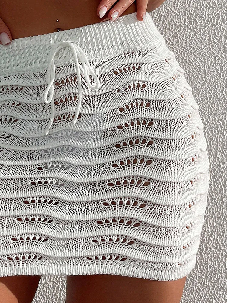 ソリッドカラー中空ビキニカバーニットショートスカート女性用ビーチファッションエレガントプールパーティーナイトクラブセクシー水着