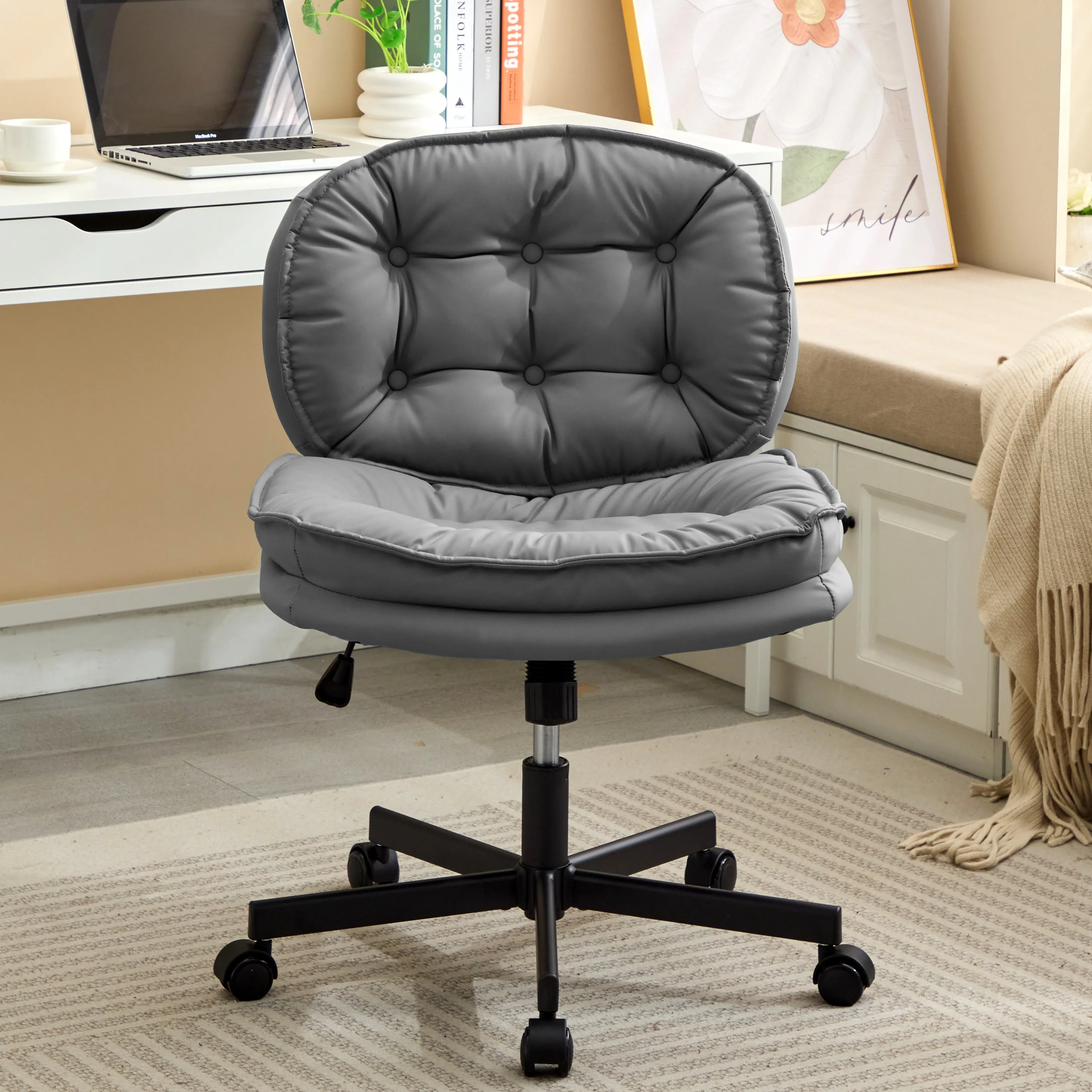 Armless-Office Desk Chair with Wheels: PU Leather Cross Legged Wide Chair,Comfortable Adjustable Swivel Computer Task Chairs for