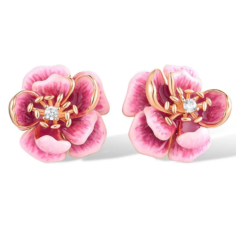 Sweet Romantic Pink Rose Gold Color Super Fairy-like Painted Oil Stereo Flowers 5A Zircon Stud Earrings for Women Charm Jewelry