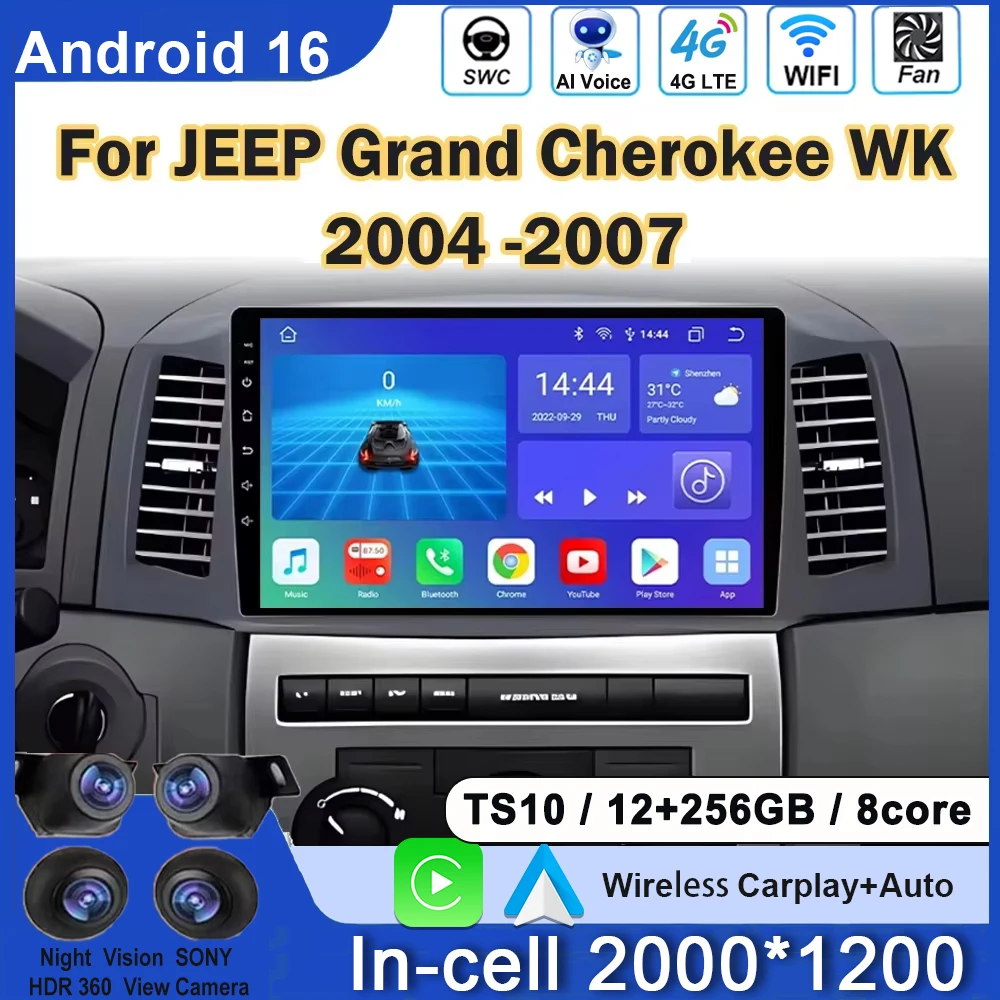 Android 15 Car Radio For JEEP Grand Cherokee WK 2004 2005 2006 2007 2DIN Multimedia Navigation GPS Carplay Auto Head Unit WIFI