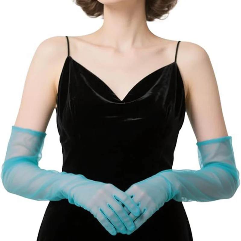 Elegant Women Sheer Mesh Long Gloves Opera Evening Party Gloves Transparent Tulle Bridal Prom Performance Costume