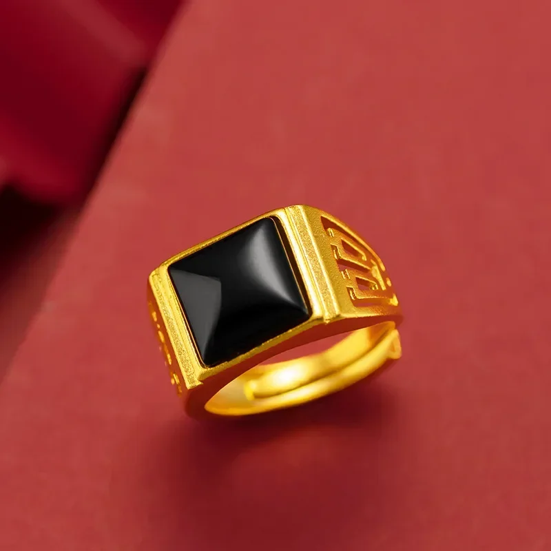 

9999 Real Gold 24K Gold Edition Gold Gemstone Ring Men's Retro Inlaid Natural Chalcedony Agate Ring Live