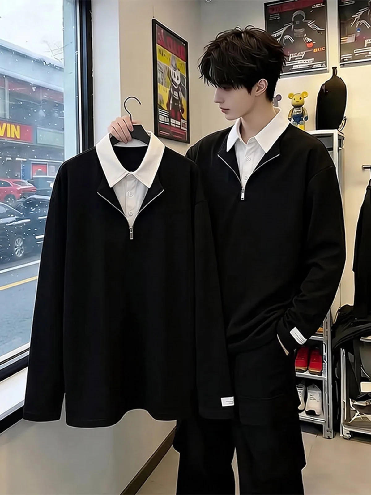 Loose Fit Zippered Hoodie Sweatshirt for Men Casual Long Sleeve  Neck Splice Design Autumn Fashion Teenager Style T-Shirt