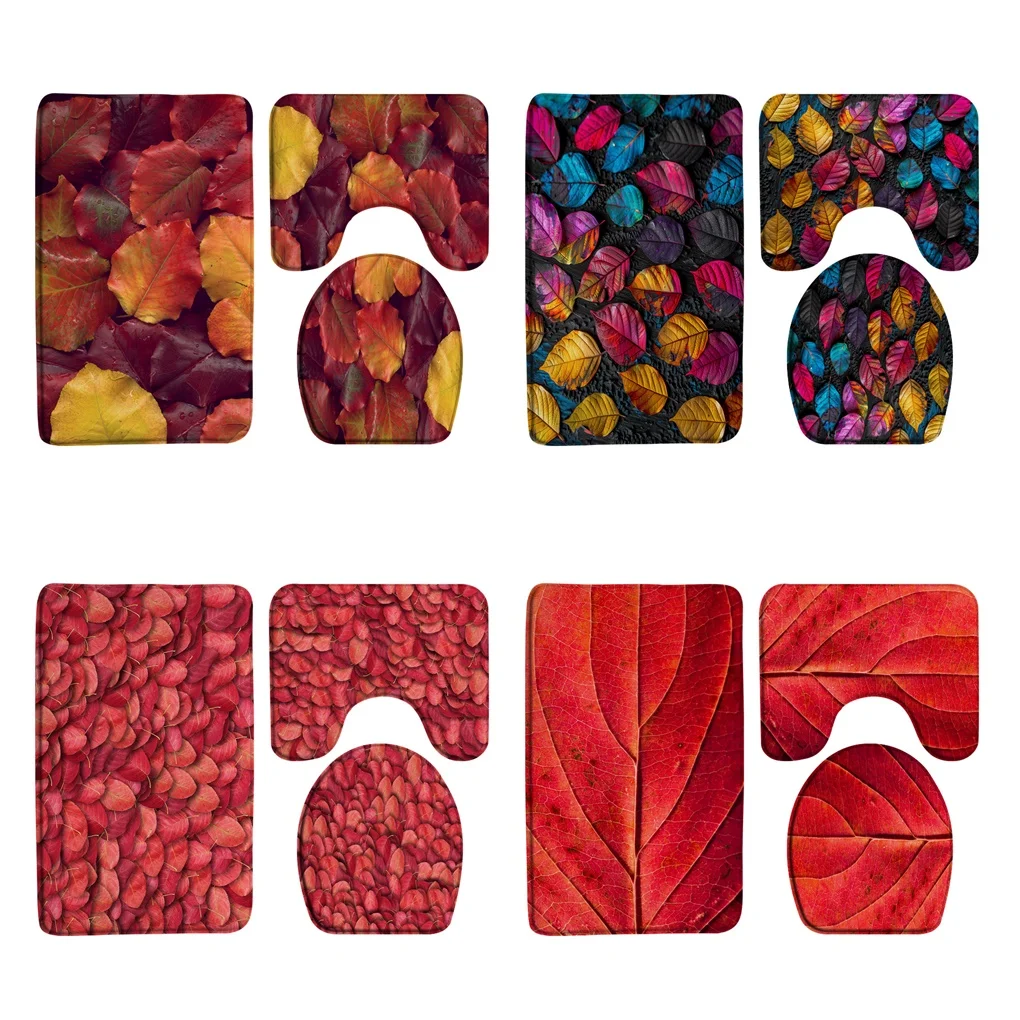 3D Fallen leaves Bathroom Rug Set Country Garden Red Tree Leaf Non-Slip Bath Mat Carpet Toilet Cover Soft Flannel Floor Doormat