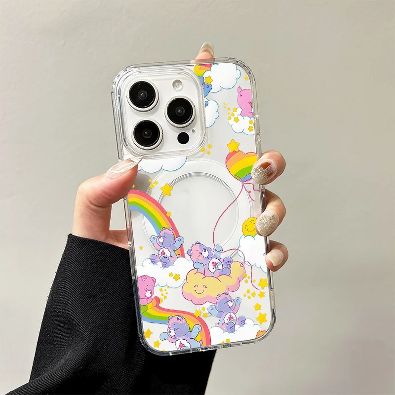 حافظة شحن لاسلكية C-Cares B-Bears لهاتف iPhone 17 Air 16 E 15 14 13 12 Mini 11 Pro Max غطاء صلب بحافة من السيليكون الشفاف