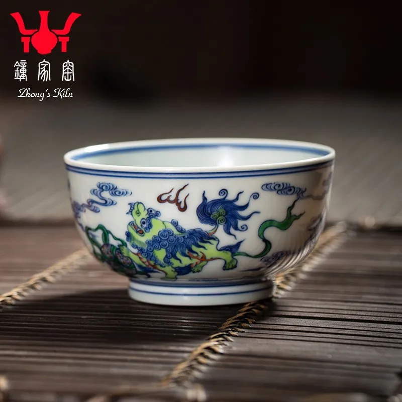 Zhongjia Kiln Master Cup Single Cup Jingdezhen Blue and White Color Firewood Kiln Hand Painted Lion Roll Hydrangea Kombucha Pers