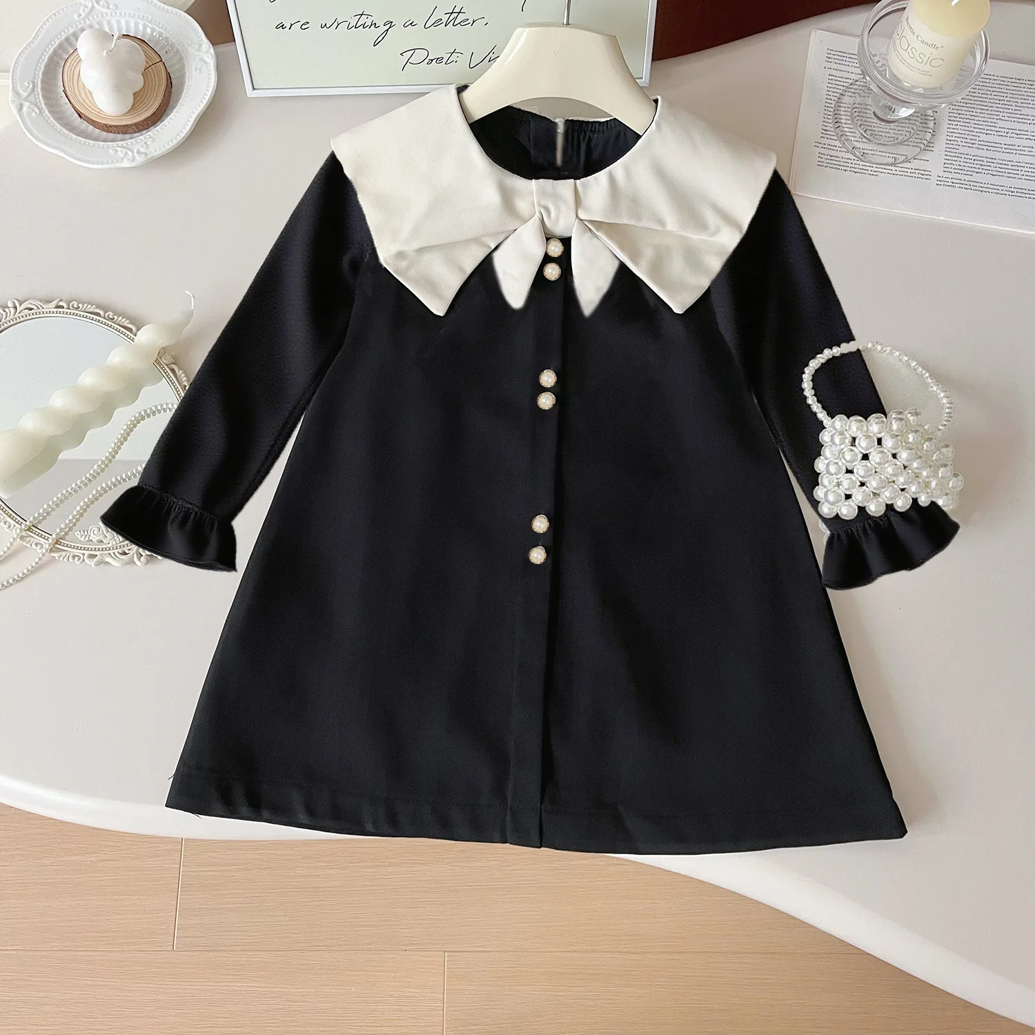 Korean Version Fashion Big Bow Lapel Black and White Long Sleeved Casual Dress for Girls 3-7 Birthday Party Autumn New