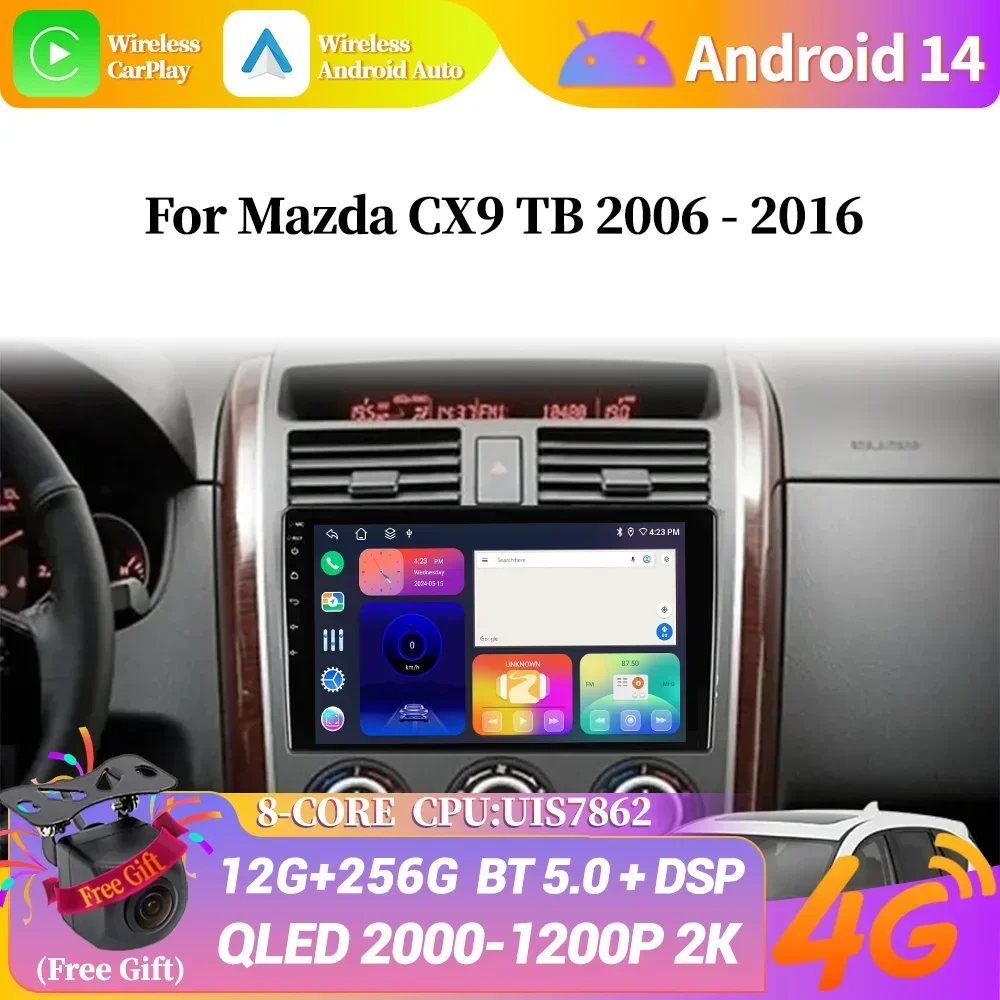 For Mazda CX9 TB 2006-2016 Car Radio Multimedia System player Stereo Auto Bluetooth Android 14 Wireless CarPlay Screen