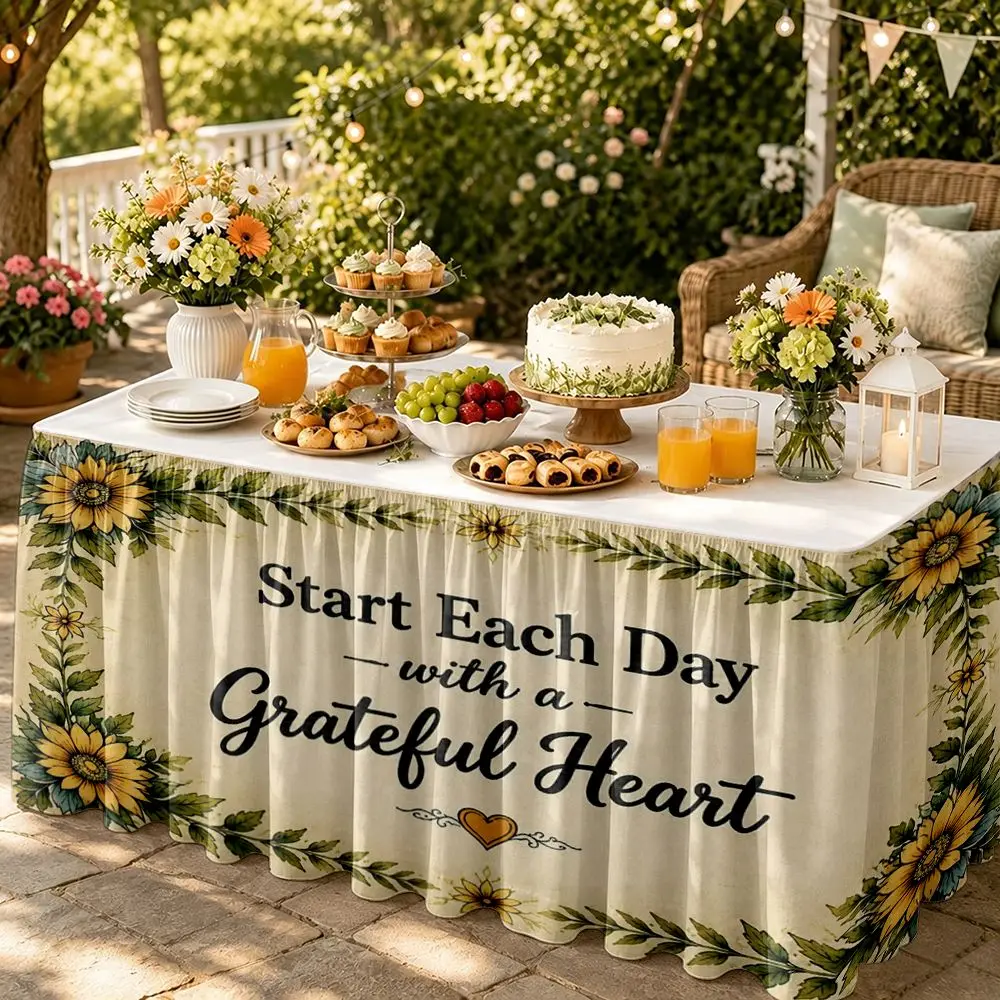A set of party table skirt decoration. Start each day with a grateful heart. Ruffled table skirt.